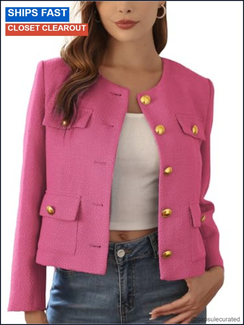 Cropped Tweed Blazer Collarless Gold-Tone Button Lined